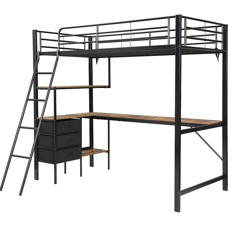 Okwish Lit Mezzanine 90x200 cm, Lit Ado en Métal avec Grand Bureau 2 m et 3 Tiroirs de Rangement, Style Industriel - Noir + Noyer Foncé New