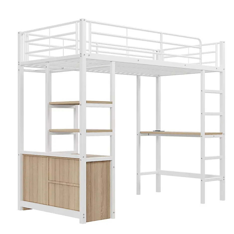 Okwish Lit Mezzanine 90x200 cm, Lit Ado en Métal avec Bureau et Prises USB, Rangements Ouverts Intégrés - Blanc New