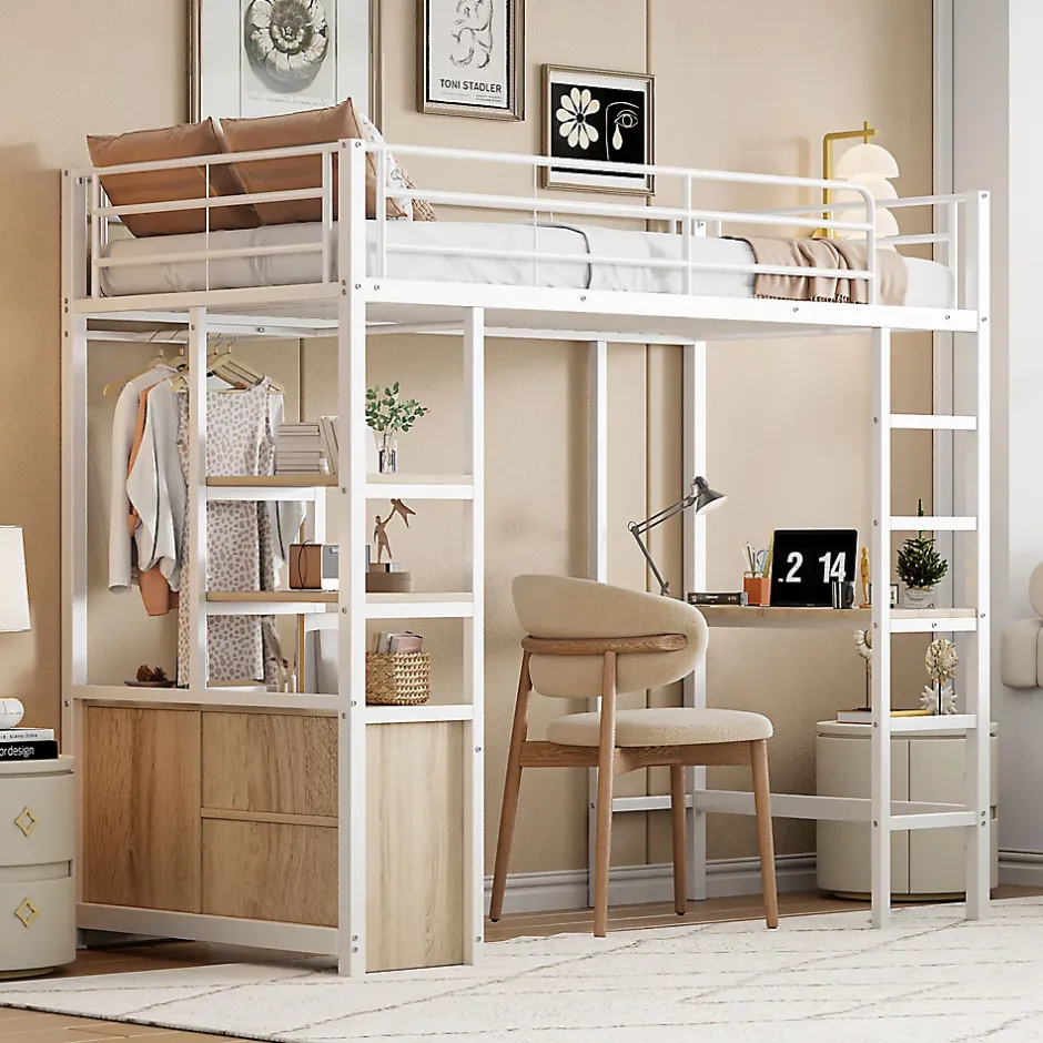Okwish Lit Mezzanine 90x200 cm, Lit Ado en Métal avec Bureau et Prises USB, Rangements Ouverts Intégrés - Blanc New