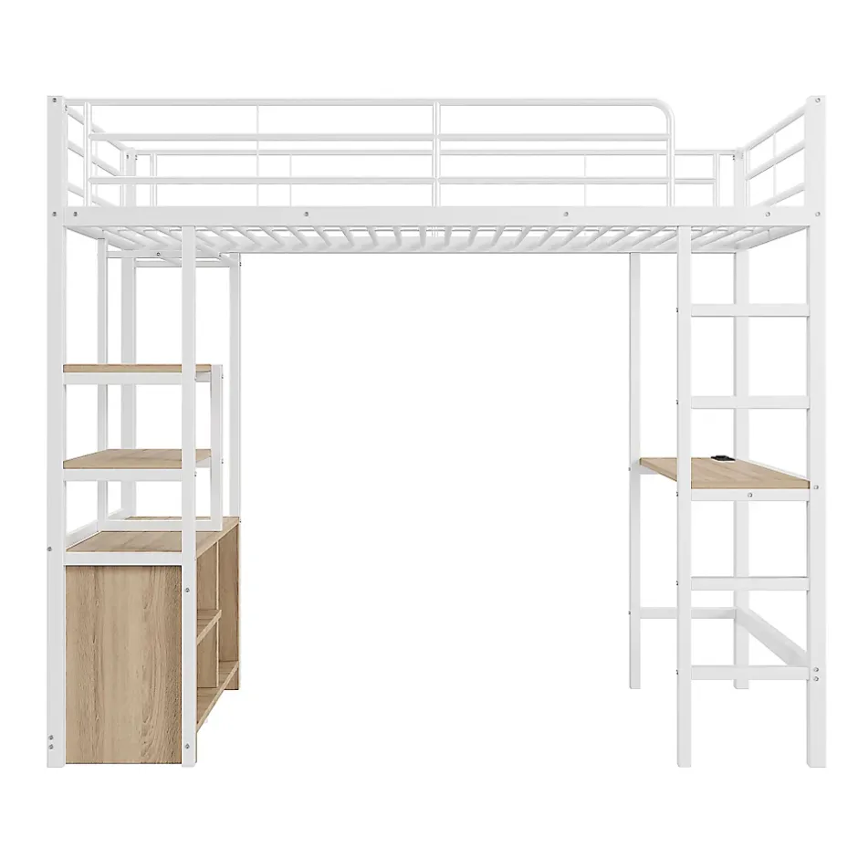 Okwish Lit Mezzanine 90x200 cm, Lit Ado en Métal avec Bureau et Prises USB, Rangements Ouverts Intégrés - Blanc New