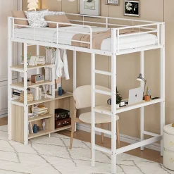 Okwish Lit Mezzanine 90x200 cm, Lit Ado en Métal avec Bureau et Prises USB, Rangements Ouverts Intégrés - Blanc New