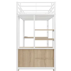 Okwish Lit Mezzanine 90x200 cm, Lit Ado en Métal avec Bureau et Prises USB, Rangements Ouverts Intégrés - Blanc New