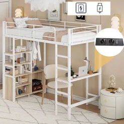 Okwish Lit Mezzanine 90x200 cm, Lit Ado en Métal avec Bureau et Prises USB, Rangements Ouverts Intégrés - Blanc New
