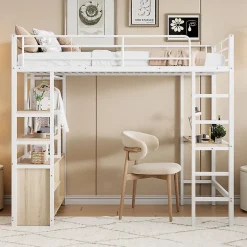 Okwish Lit Mezzanine 90x200 cm, Lit Ado en Métal avec Bureau et Prises USB, Rangements Ouverts Intégrés - Blanc New