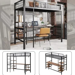Okwish Lit Mezzanine 90x200 cm, Lit Ado en Métal avec Bureau et Étagères Intégrées, Style Industriel Gain de Place - Noir New