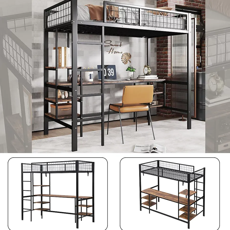Okwish Lit Mezzanine 90x200 cm, Lit Ado en Métal avec Bureau et Étagères Intégrées, Style Industriel Gain de Place - Noir New
