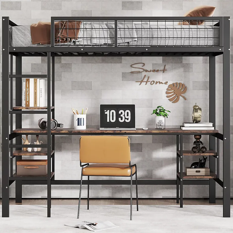 Okwish Lit Mezzanine 90x200 cm, Lit Ado en Métal avec Bureau et Étagères Intégrées, Style Industriel Gain de Place - Noir New