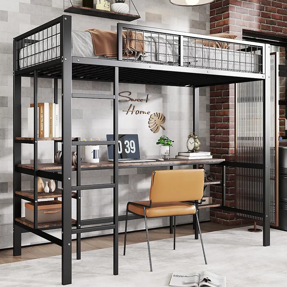 Okwish Lit Mezzanine 90x200 cm, Lit Ado en Métal avec Bureau et Étagères Intégrées, Style Industriel Gain de Place - Noir New