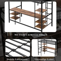 Okwish Lit Mezzanine 90x200 cm, Lit Ado en Métal avec Bureau et Étagères Intégrées, Style Industriel Gain de Place - Noir New