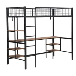 Okwish Lit Mezzanine 90x200 cm, Lit Ado en Métal avec Bureau et Étagères Intégrées, Style Industriel Gain de Place - Noir New