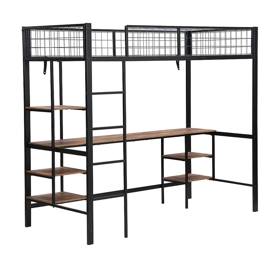 Okwish Lit Mezzanine 90x200 cm, Lit Ado en Métal avec Bureau et Étagères Intégrées, Style Industriel Gain de Place - Noir New