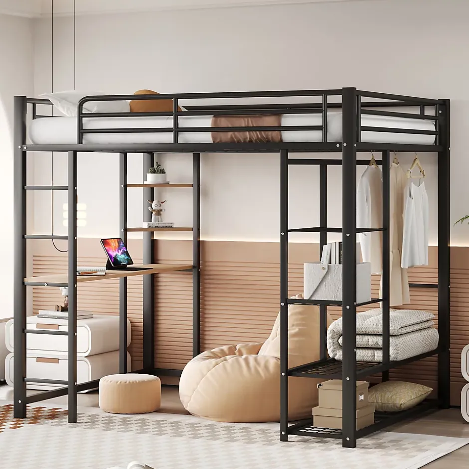 Generique Lit Mezzanine 140x200 cm, Lit Double Ado avec Bureau Intégré et Échelle Sécurisée, Structure Métal et MDF, Sans Matelas - Noir Hot