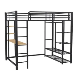 Generique Lit Mezzanine 140x200 cm, Lit Double Ado avec Bureau Intégré et Échelle Sécurisée, Structure Métal et MDF, Sans Matelas - Noir Hot