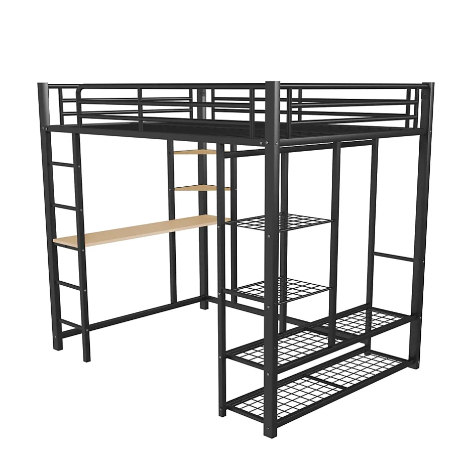 Generique Lit Mezzanine 140x200 cm, Lit Double Ado avec Bureau Intégré et Échelle Sécurisée, Structure Métal et MDF, Sans Matelas - Noir Hot