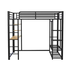 Generique Lit Mezzanine 140x200 cm, Lit Double Ado avec Bureau Intégré et Échelle Sécurisée, Structure Métal et MDF, Sans Matelas - Noir Hot