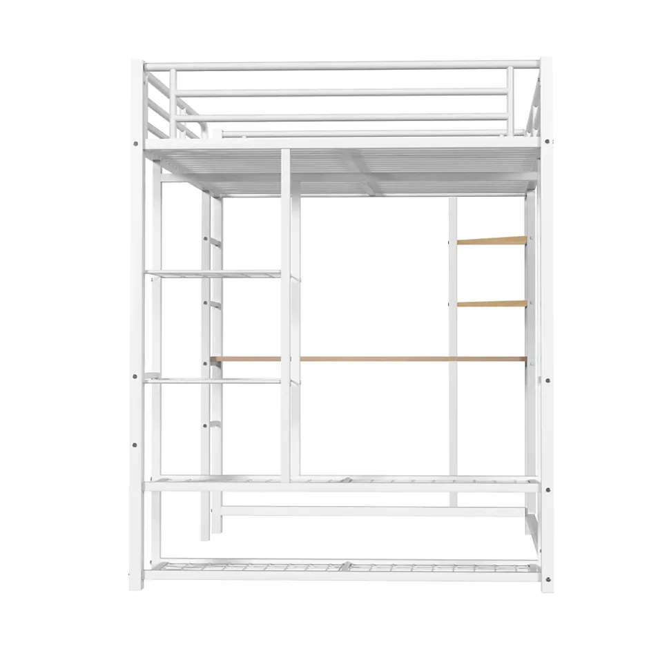 Okwish Lit Mezzanine 140x200 cm, Lit Double Ado avec Bureau Intégré et Échelle Sécurisée, Structure Métal et MDF, Sans Matelas - Blanc Discount