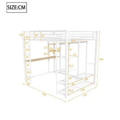 Okwish Lit Mezzanine 140x200 cm, Lit Double Ado avec Bureau Intégré et Échelle Sécurisée, Structure Métal et MDF, Sans Matelas - Blanc Discount