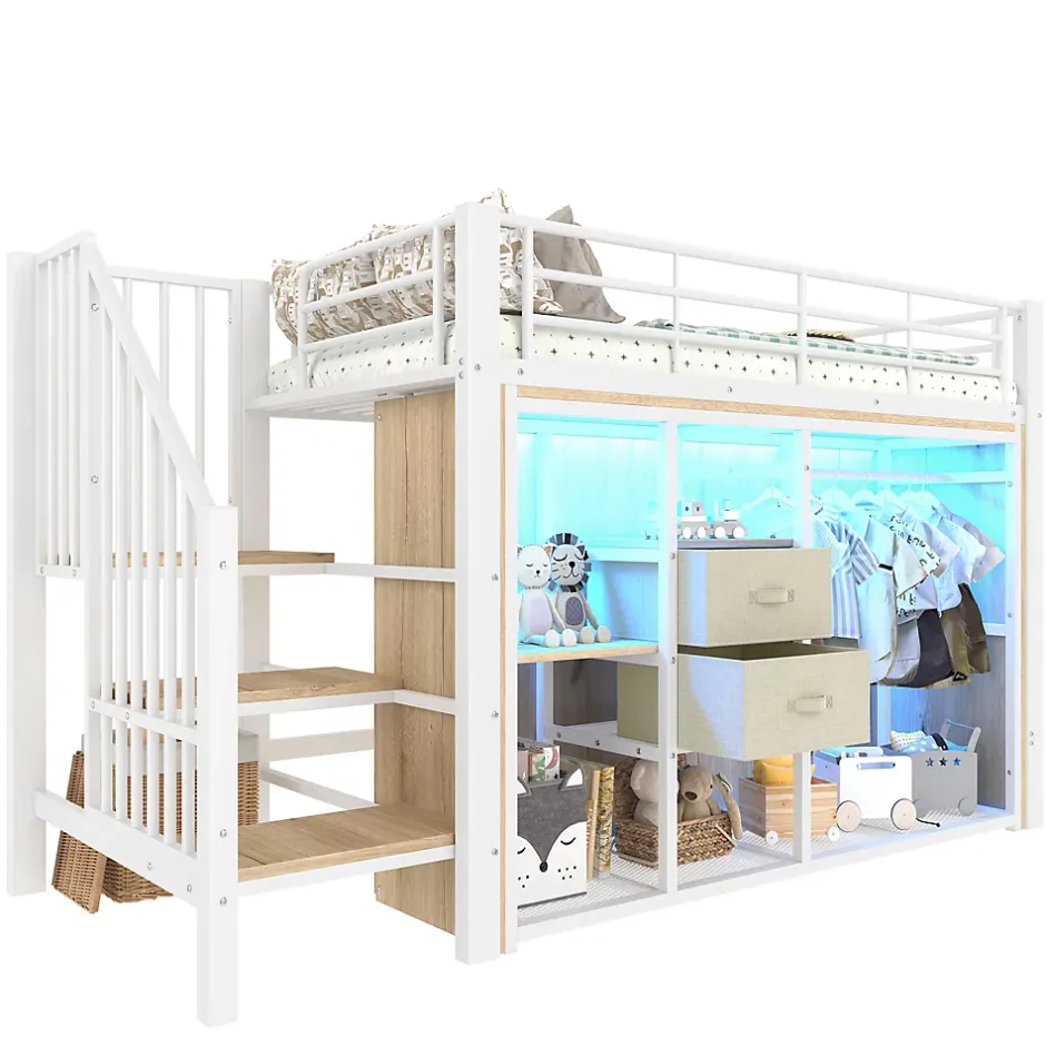 Okwish Lit Mezzanine 90x200 cm, Lit Enfant avec Éclairage LED, Armoire Ouverte, Escalier et Barre de Sécurité - Sans Matelas - Blanc Clearance
