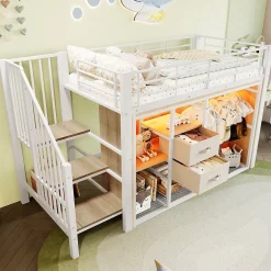 Okwish Lit Mezzanine 90x200 cm, Lit Enfant avec Éclairage LED, Armoire Ouverte, Escalier et Barre de Sécurité - Sans Matelas - Blanc Clearance