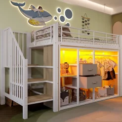 Okwish Lit Mezzanine 90x200 cm, Lit Enfant avec Éclairage LED, Armoire Ouverte, Escalier et Barre de Sécurité - Sans Matelas - Blanc Clearance