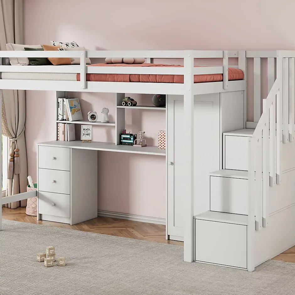 Okwish Lit Mezzanine 90x200 cm, Lit Enfant avec Bureau et Armoire, Escalier Rangement et Tiroirs, en MDF, Blanc - sans Matelas New