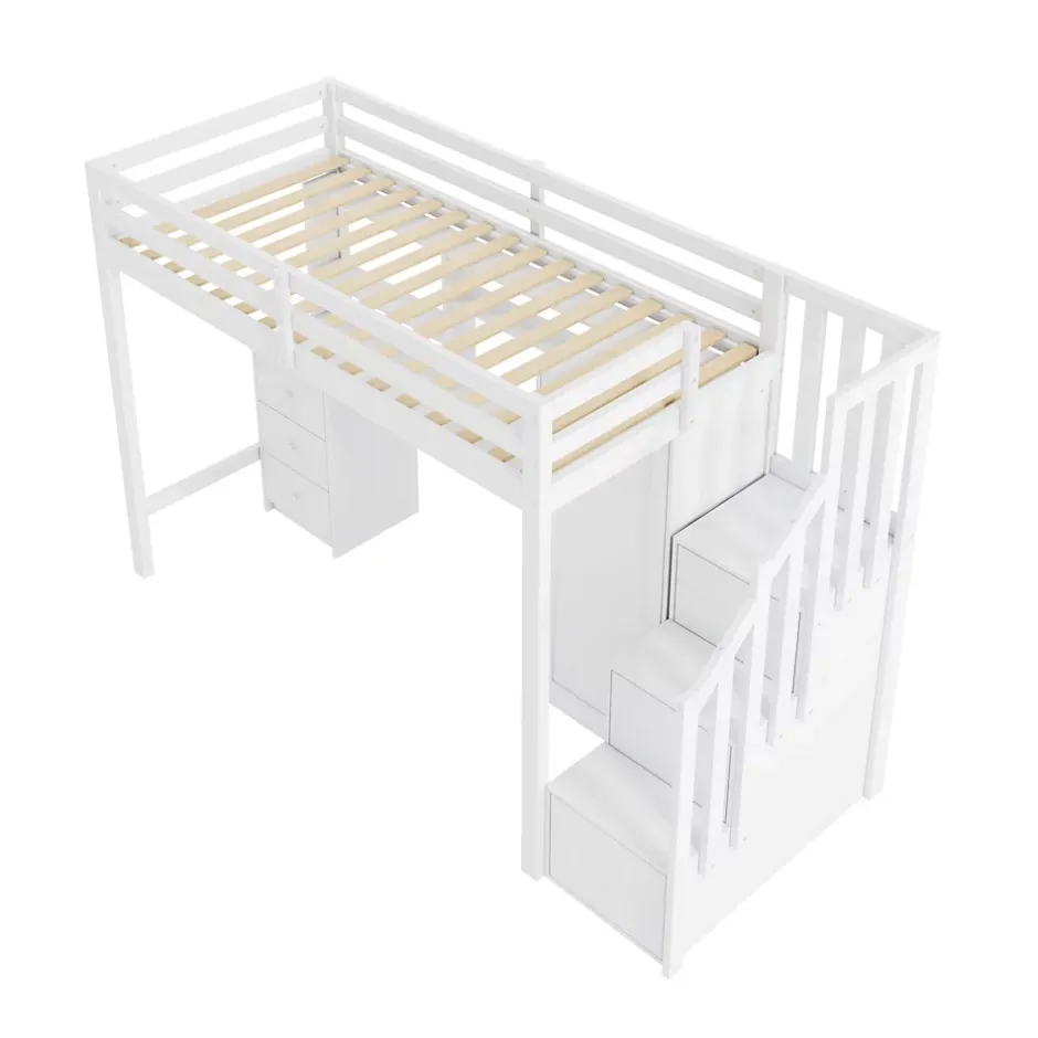 Okwish Lit Mezzanine 90x200 cm, Lit Enfant avec Bureau et Armoire, Escalier Rangement et Tiroirs, en MDF, Blanc - sans Matelas New
