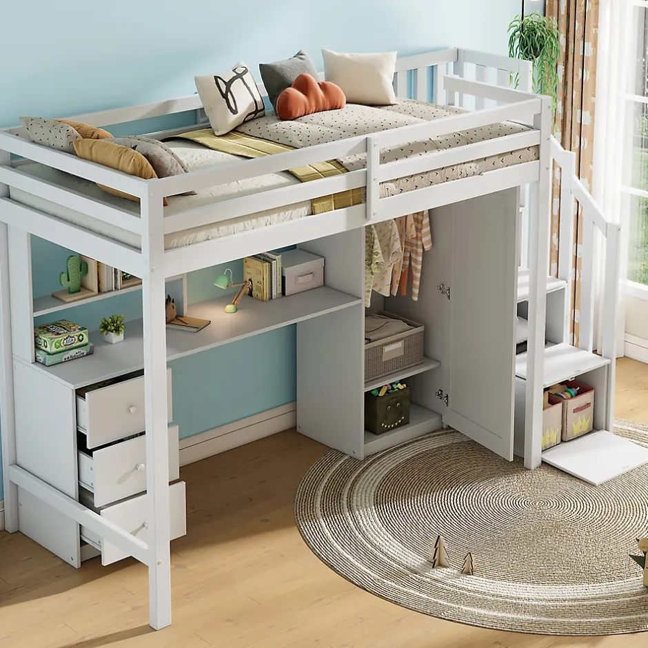 Okwish Lit Mezzanine 90x200 cm, Lit Enfant avec Bureau et Armoire, Escalier Rangement et Tiroirs, en MDF, Blanc - sans Matelas New