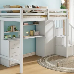 Okwish Lit Mezzanine 90x200 cm, Lit Enfant avec Bureau et Armoire, Escalier Rangement et Tiroirs, en MDF, Blanc - sans Matelas New