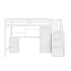 Okwish Lit Mezzanine 90x200 cm, Lit Enfant avec Bureau et Armoire, Escalier Rangement et Tiroirs, en MDF, Blanc - sans Matelas New