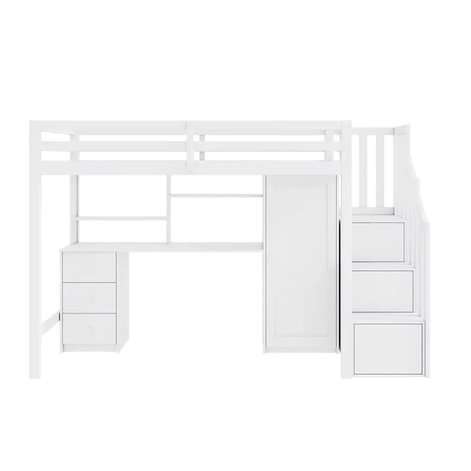 Okwish Lit Mezzanine 90x200 cm, Lit Enfant avec Bureau et Armoire, Escalier Rangement et Tiroirs, en MDF, Blanc - sans Matelas New