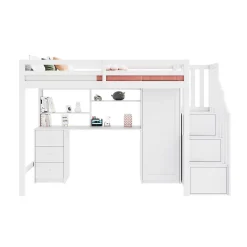 Okwish Lit Mezzanine 90x200 cm, Lit Enfant avec Bureau et Armoire, Escalier Rangement et Tiroirs, en MDF, Blanc - sans Matelas New