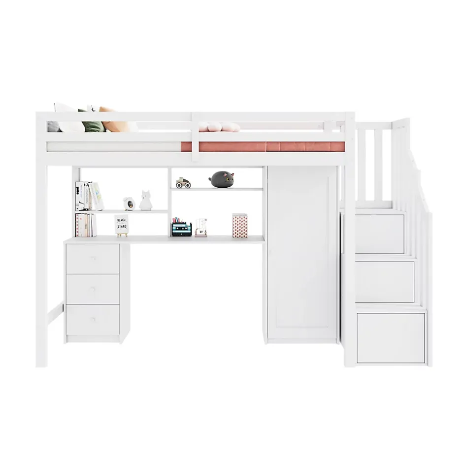 Okwish Lit Mezzanine 90x200 cm, Lit Enfant avec Bureau et Armoire, Escalier Rangement et Tiroirs, en MDF, Blanc - sans Matelas New