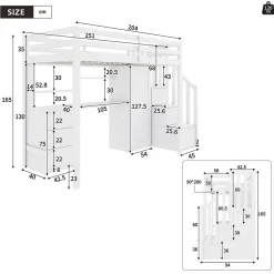 Okwish Lit Mezzanine 90x200 cm, Lit Enfant avec Bureau et Armoire, Escalier Rangement et Tiroirs, en MDF, Blanc - sans Matelas New