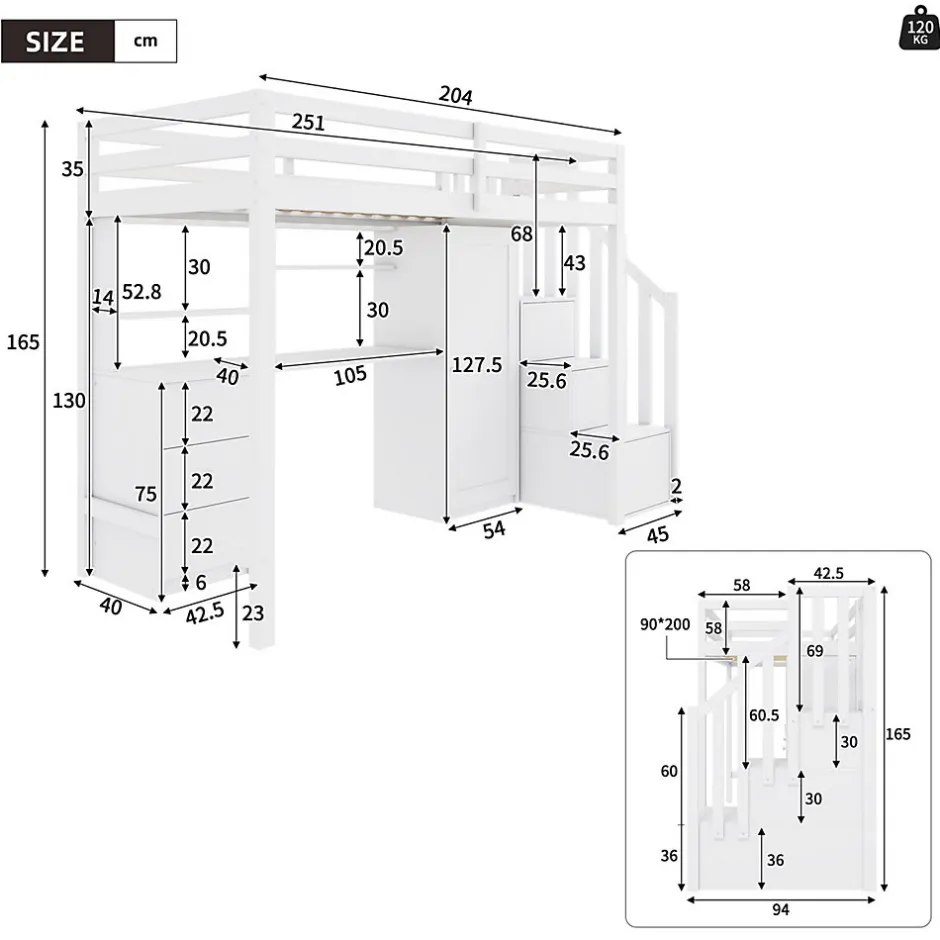 Okwish Lit Mezzanine 90x200 cm, Lit Enfant avec Bureau et Armoire, Escalier Rangement et Tiroirs, en MDF, Blanc - sans Matelas New