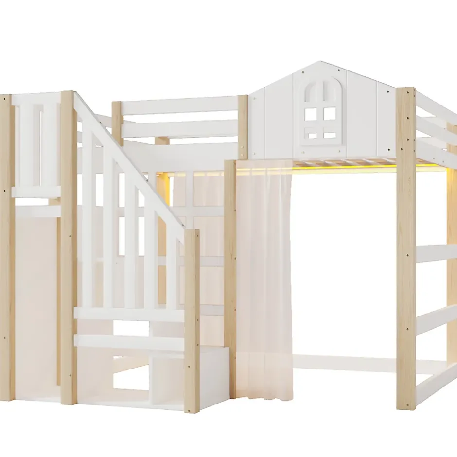 Okwish Lit Mezzanine 140x200 cm, Lit Enfant et Ado, avec LED et Échelle Rangement, Pin et MDF, sans Matelas - Blanc et Naturel
