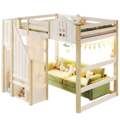 Okwish Lit Mezzanine 140x200 cm, Lit Enfant et Ado, avec LED et Échelle Rangement, Pin et MDF, sans Matelas - Blanc et Naturel