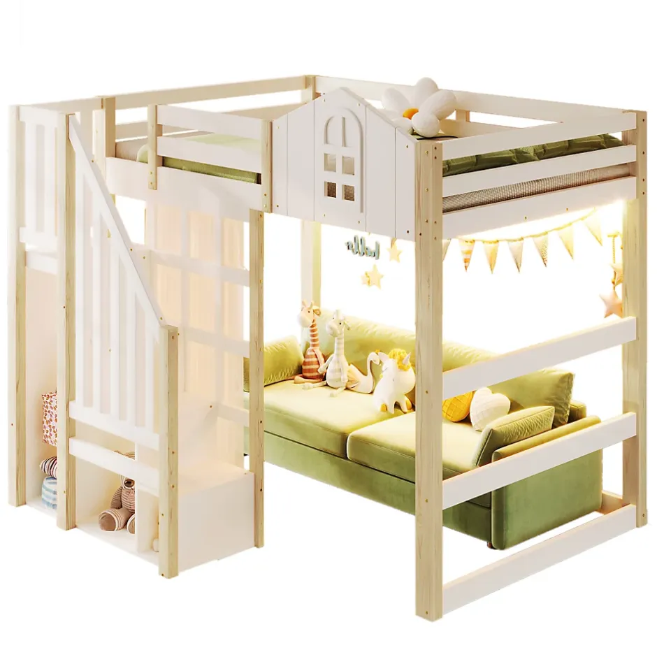 Okwish Lit Mezzanine 140x200 cm, Lit Enfant et Ado, avec LED et Échelle Rangement, Pin et MDF, sans Matelas - Blanc et Naturel