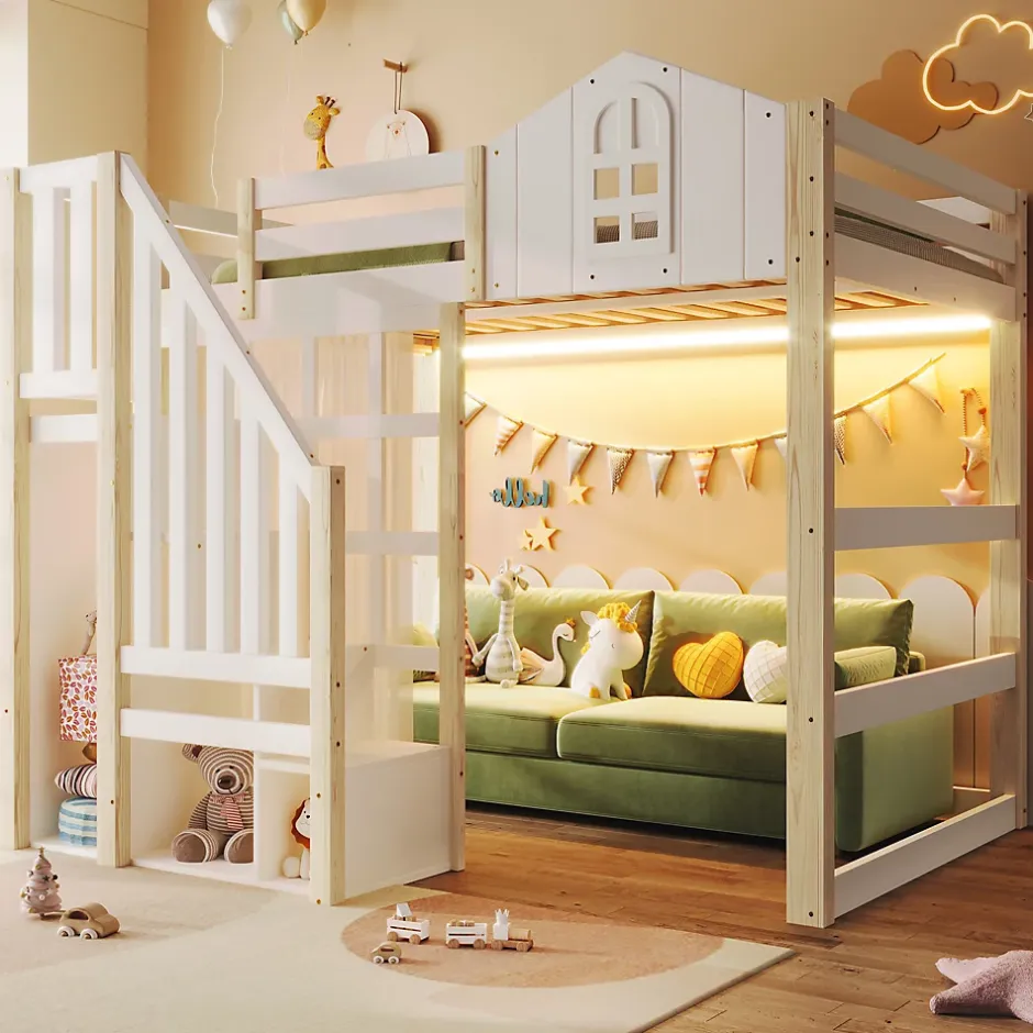 Okwish Lit Mezzanine 140x200 cm, Lit Enfant et Ado, avec LED et Échelle Rangement, Pin et MDF, sans Matelas - Blanc et Naturel