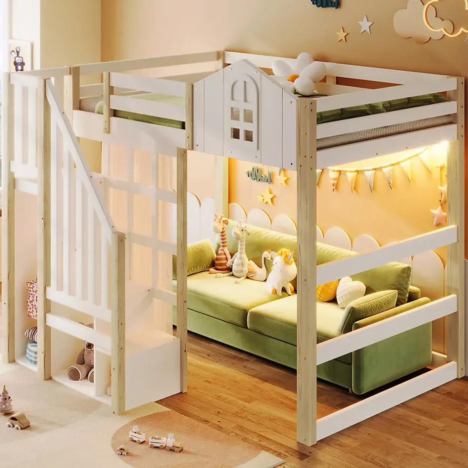 Okwish Lit Mezzanine 140x200 cm, Lit Enfant et Ado, avec LED et Échelle Rangement, Pin et MDF, sans Matelas - Blanc et Naturel