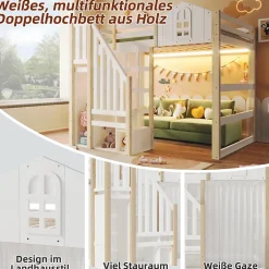 Okwish Lit Mezzanine 140x200 cm, Lit Enfant et Ado, avec LED et Échelle Rangement, Pin et MDF, sans Matelas - Blanc et Naturel