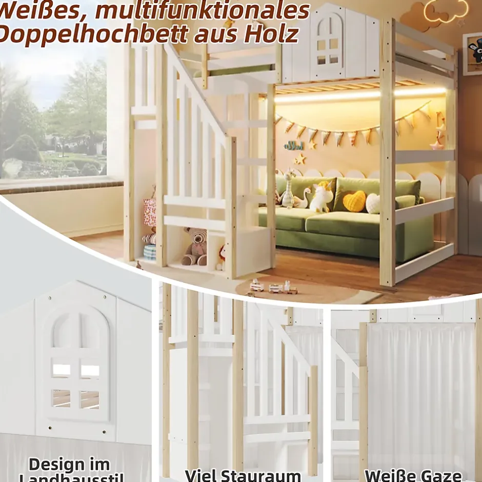 Okwish Lit Mezzanine 140x200 cm, Lit Enfant et Ado, avec LED et Échelle Rangement, Pin et MDF, sans Matelas - Blanc et Naturel