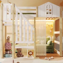 Okwish Lit Mezzanine 140x200 cm, Lit Enfant et Ado, avec LED et Échelle Rangement, Pin et MDF, sans Matelas - Blanc et Naturel