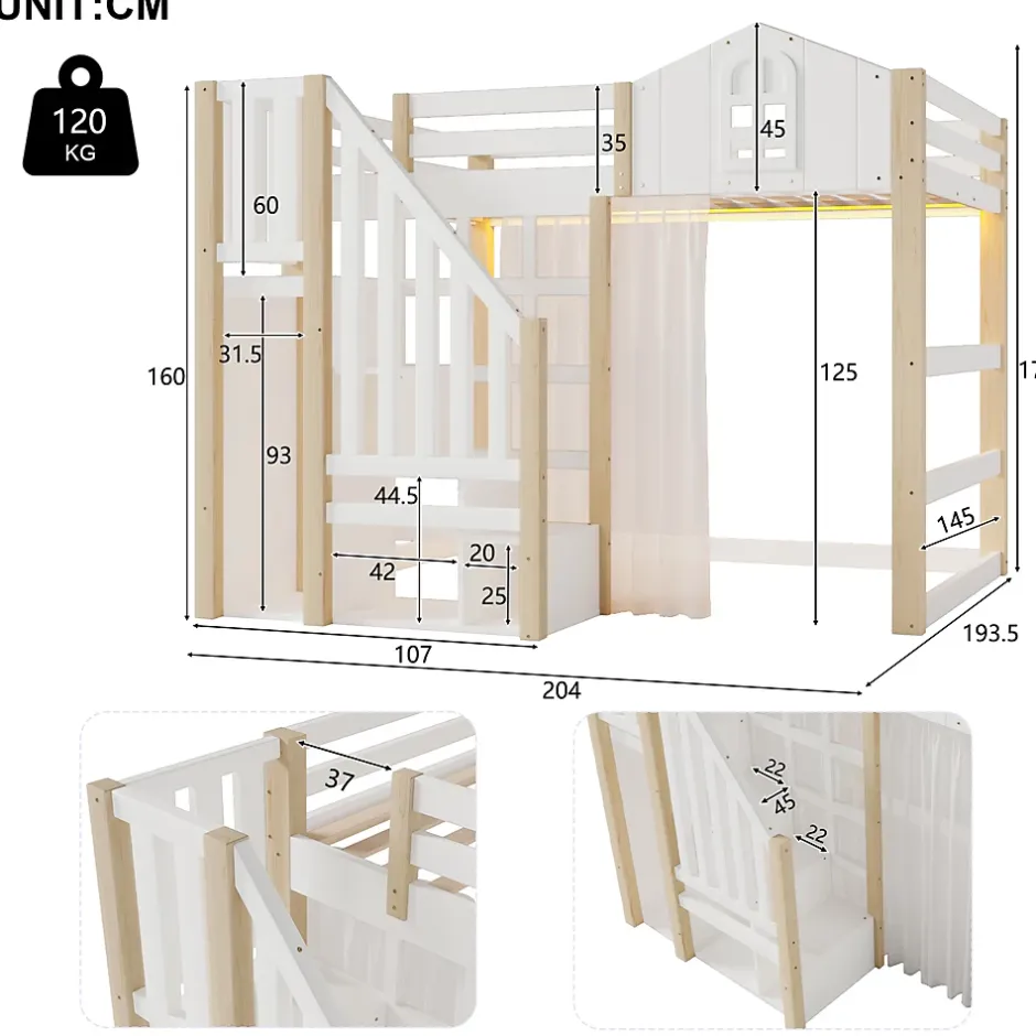 Okwish Lit Mezzanine 140x200 cm, Lit Enfant et Ado, avec LED et Échelle Rangement, Pin et MDF, sans Matelas - Blanc et Naturel