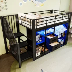 Okwish Lit Mezzanine 90x200 cm, Lit Enfant Simple avec LED et 2 Tiroirs, Armoire Ouverte, Métal MDF, Sans Matelas, Noir Sale