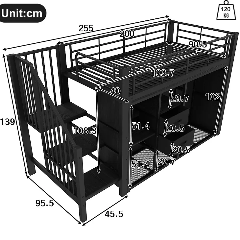 Okwish Lit Mezzanine 90x200 cm, Lit Enfant Simple avec LED et 2 Tiroirs, Armoire Ouverte, Métal MDF, Sans Matelas, Noir Sale