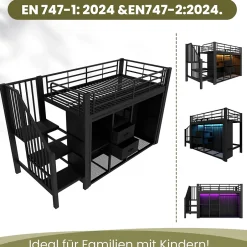 Okwish Lit Mezzanine 90x200 cm, Lit Enfant Simple avec LED et 2 Tiroirs, Armoire Ouverte, Métal MDF, Sans Matelas, Noir Sale