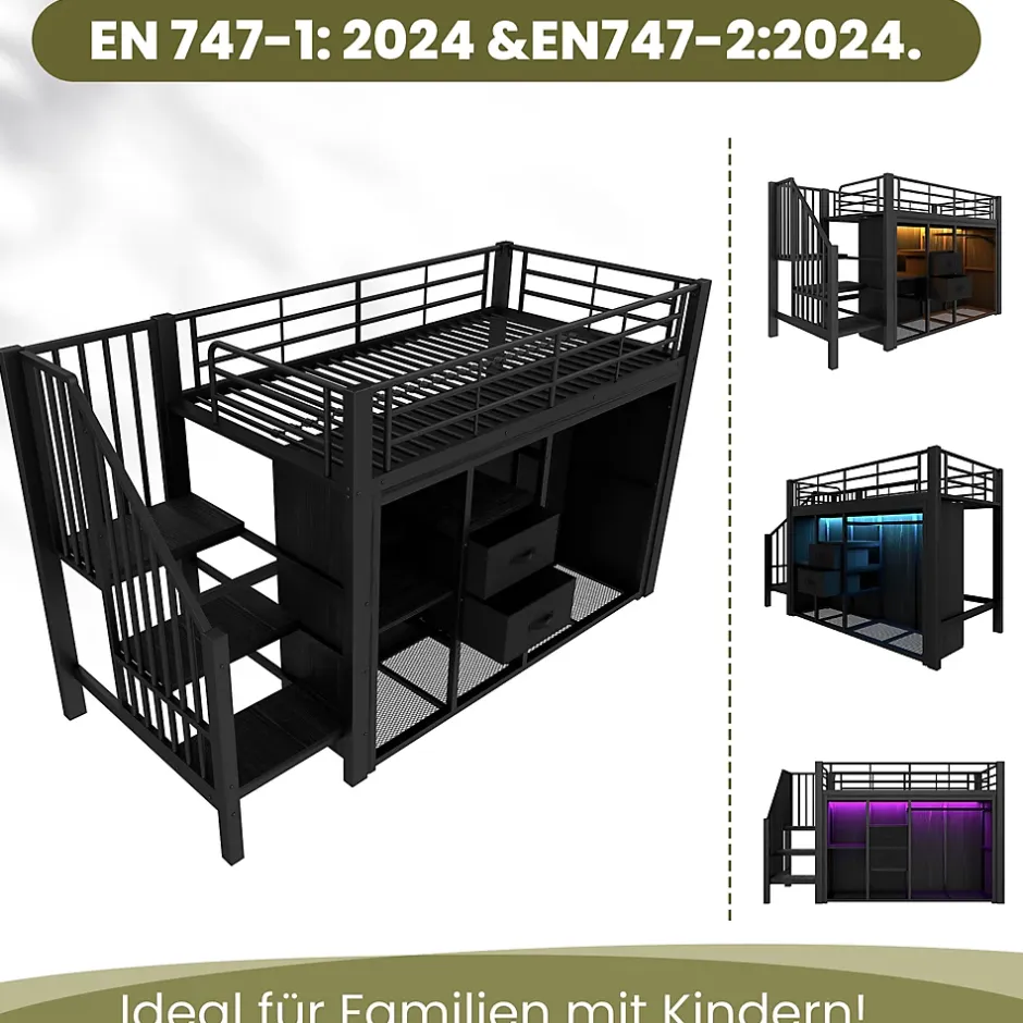 Okwish Lit Mezzanine 90x200 cm, Lit Enfant Simple avec LED et 2 Tiroirs, Armoire Ouverte, Métal MDF, Sans Matelas, Noir Sale
