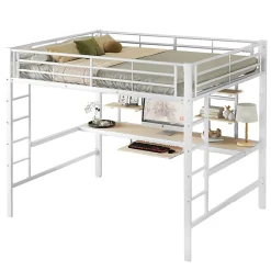 Okwish Lit mezzanine 140x200 cm, Lit enfant/ado avec bureau et 2 étagères - Métal + MDF - Sans matelas - Blanc