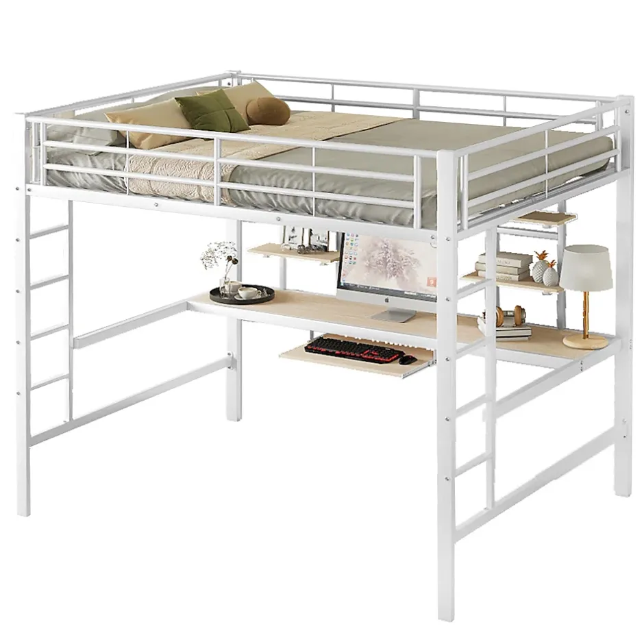 Okwish Lit mezzanine 140x200 cm, Lit enfant/ado avec bureau et 2 étagères - Métal + MDF - Sans matelas - Blanc
