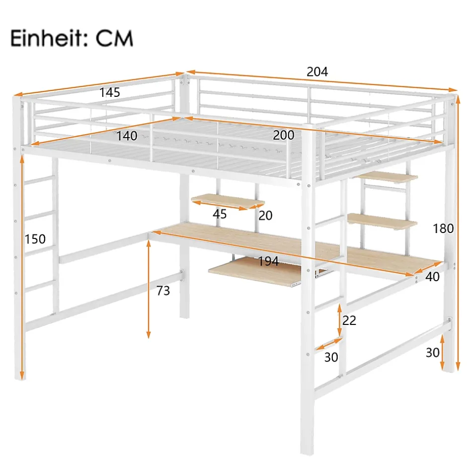 Okwish Lit mezzanine 140x200 cm, Lit enfant/ado avec bureau et 2 étagères - Métal + MDF - Sans matelas - Blanc